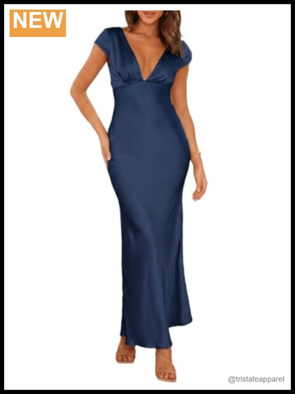 Satin V Neck Cap Sleeve Midi Dress Twist Back Cut Out Formal Wedding Guest